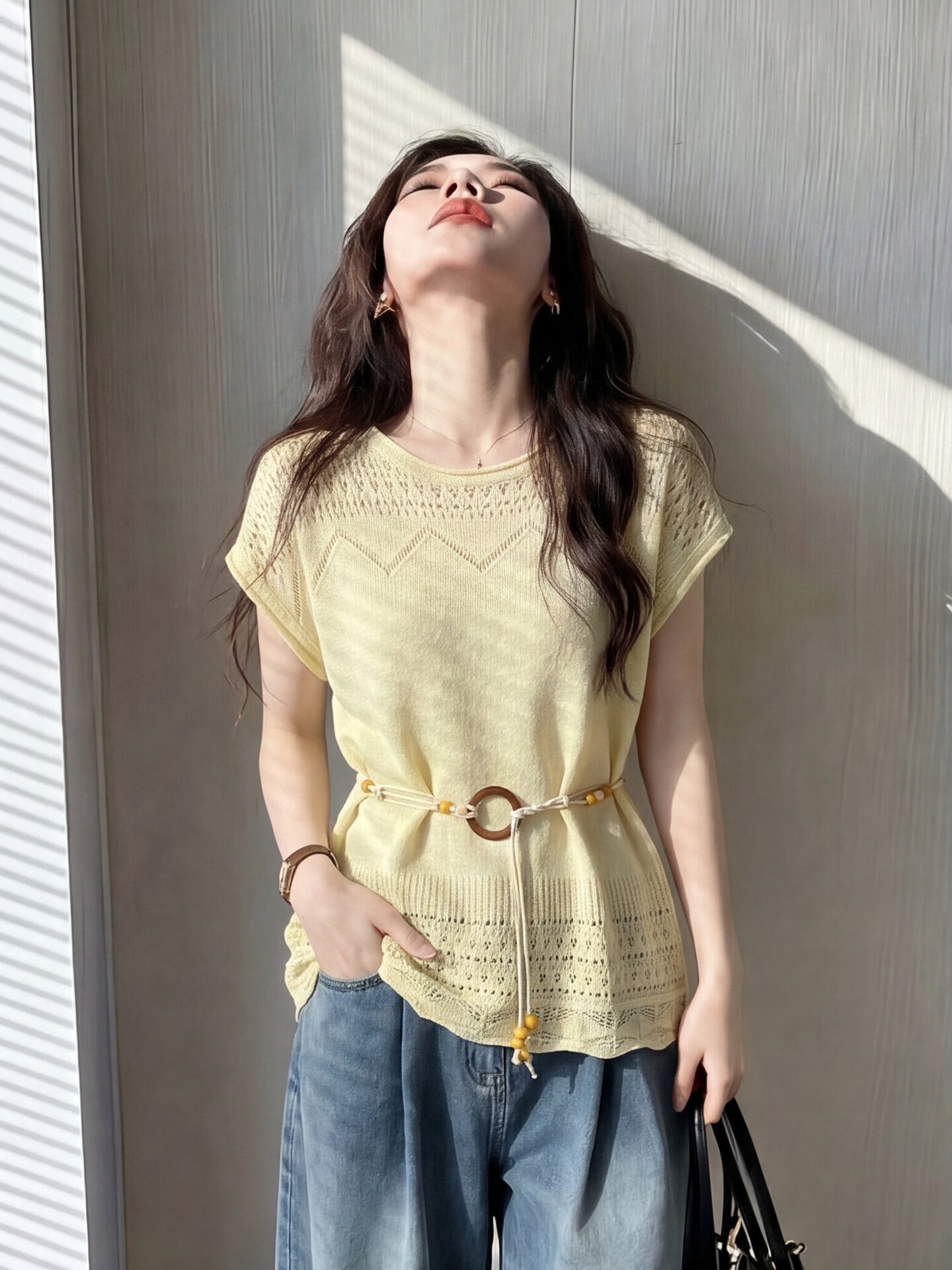 Áo thun nữ cổ tròn tay ngắn ren hở vai phong cách Pháp — xanh lam chi tiết 5