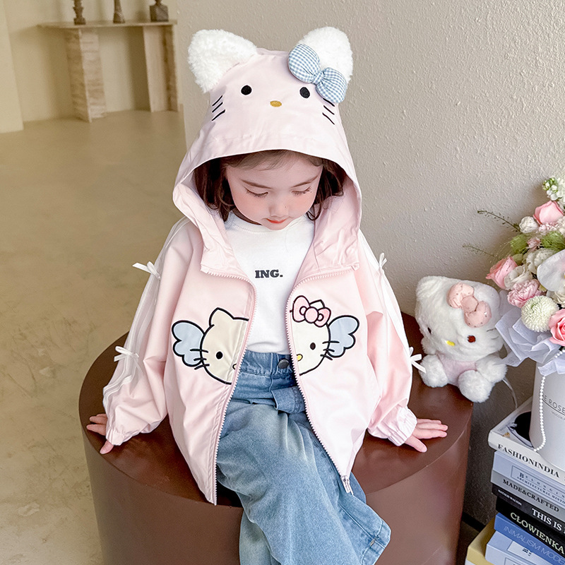 女小童外套春秋款2025新款蝴蝶结猫咪冲锋衣小女孩宝宝秋季上衣潮