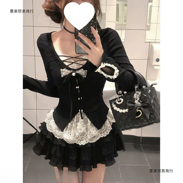 2026 Autumn Hot Girl Pure Desire Style Slimming Long Sleeve Fake Two-Piece Top and Puffy Skirt Two-Piece Set for Girls