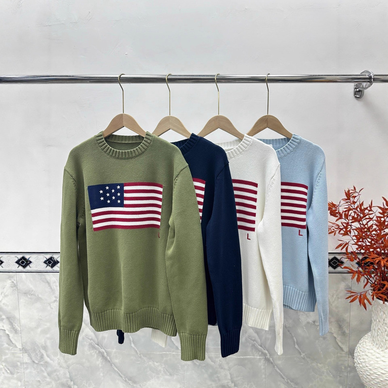 Rl/Laofu Wholesale 2025 New Cross-Border Pure Cotton Heavy Embroidery American Flag Crew Neck Knitted Sweater for Men and Women Rl/Laofu Wholesale 2025 New Cross-Border Pure Cotton Heavy Embroidery American Flag Crew Neck Knitted Sweater for Men and Women