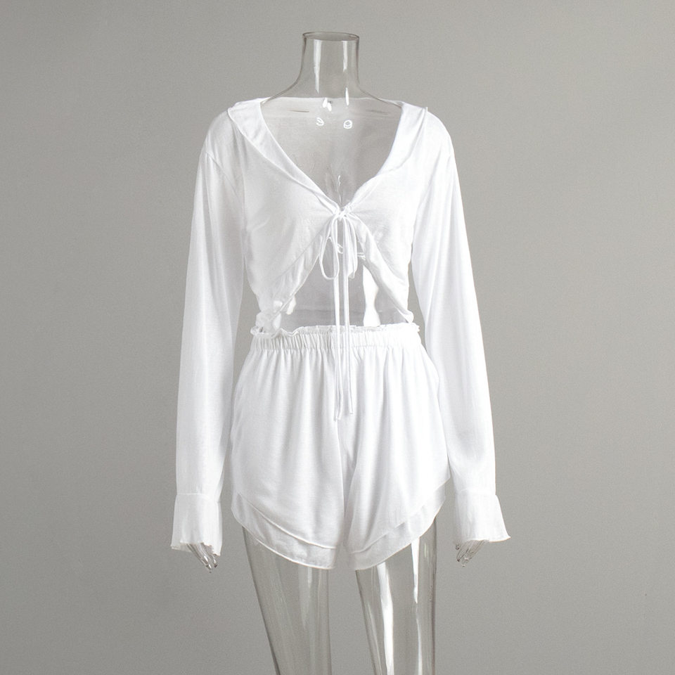 Bộ đồ ngủ nữ áo cardigan thắt dây kèm quần short dệt kim mặc nhà thoải mái — Màu trắng, Màu đen chi tiết 5