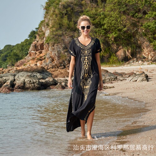   Beach blouse Embroidery beach robe vacation beach long dress seaside sunscreen dress