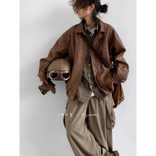 2024 Spring and Autumn American Retro Brown Motorcycle Leather Jacket for Boys and Girls Loose Ins Style Pu Leather Jacket Trendy