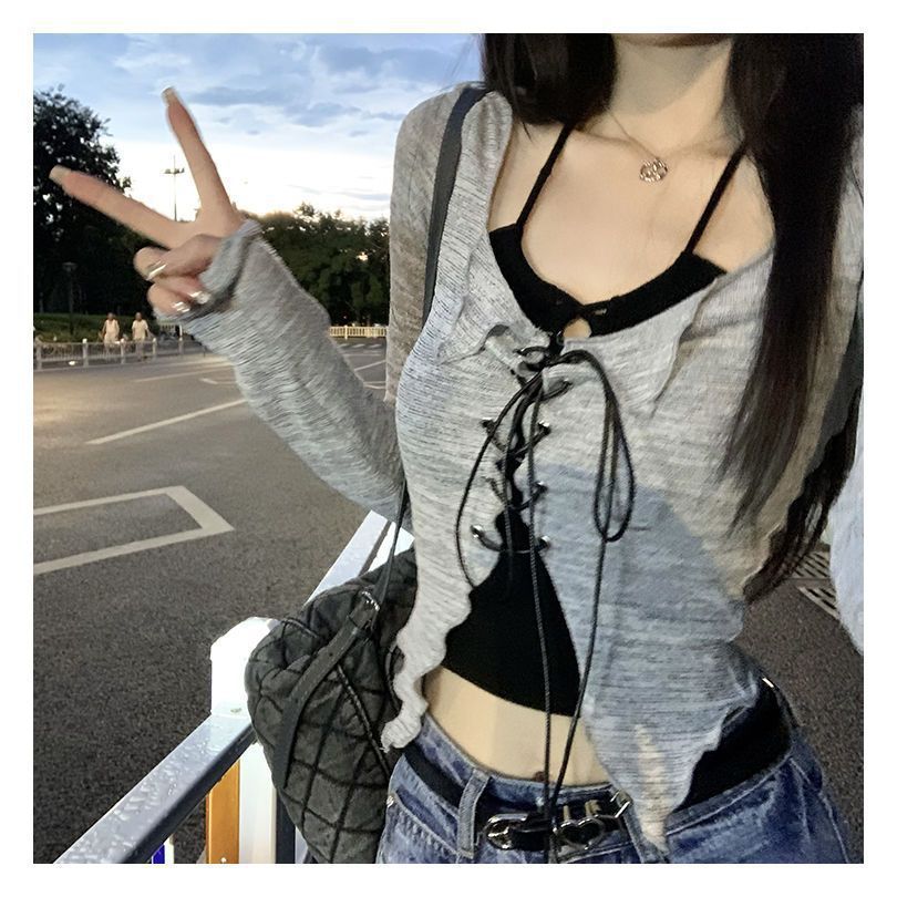 甜辣妹上衣内搭开衫女2025秋冬设计感纯欲背心小吊带长袖t恤套装