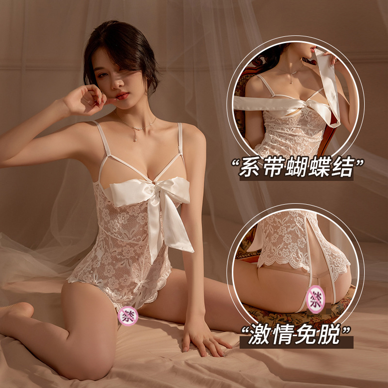 Lencería sexy encaje malla tentación transparente hueco sexy mono abierto uniforme traje entrega de una pieza