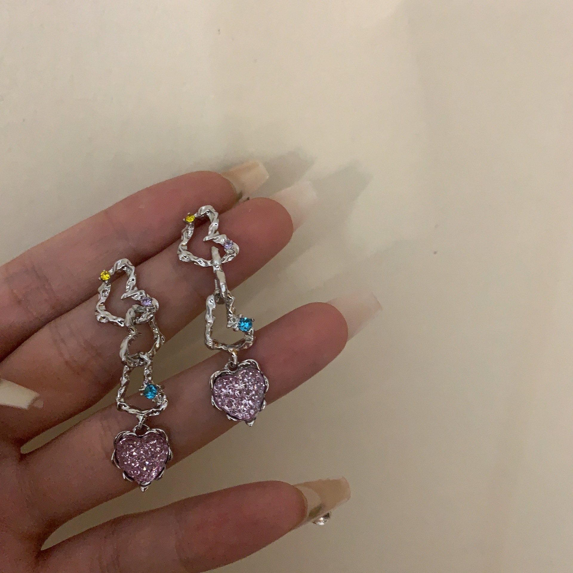 氣質少女粉色愛心長款耳環法式小眾設計感甜美流蘇耳環多巴胺耳飾