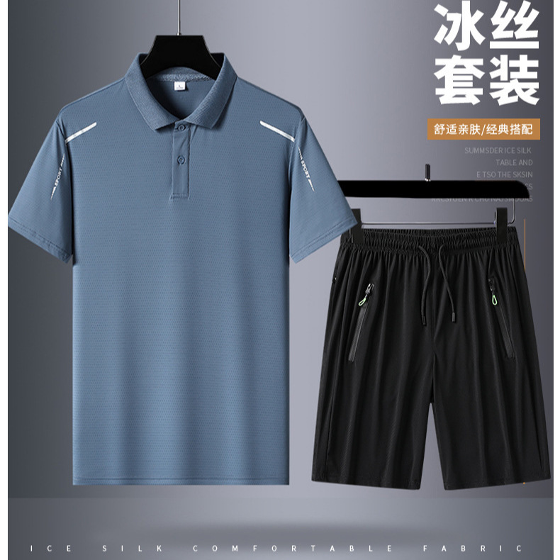 Verano helado juego deportivo hombre rápido secado tres piezas juego casual mangas cortas pantalones largos polo juego deportivo al por mayor