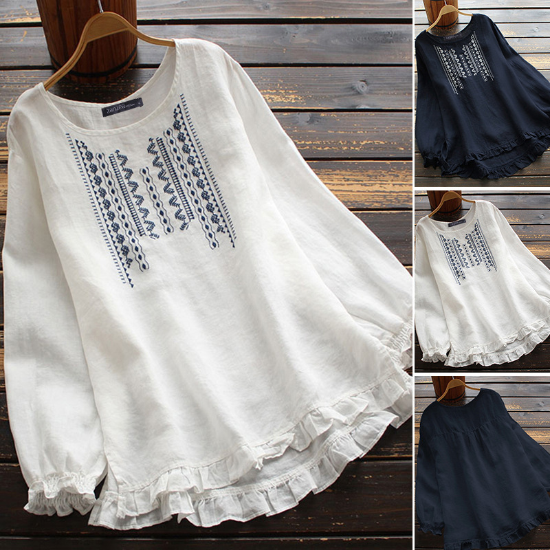2022 Embroidered Shirt Women's Retro Spring Top Long-Sleeved Casual Women's Round Neck Ruffled Tunic
