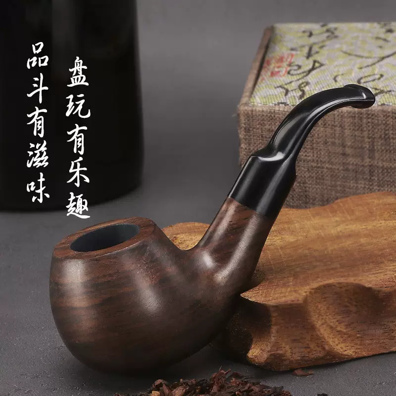 可代发速卖通亚马逊手工黑檀木烟丝斗 9MM过滤烟嘴原木打蜡烟斗