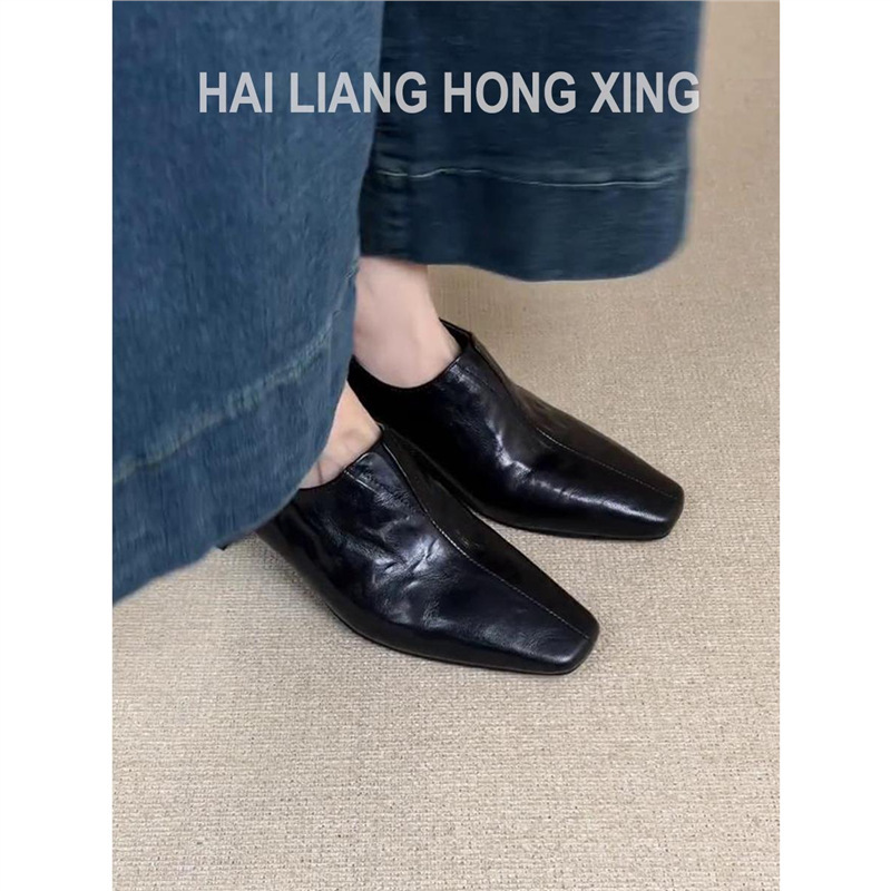 羊皮版~法式方头粗跟单鞋女新款通勤气质一脚蹬乐福鞋中跟小皮鞋|undefined