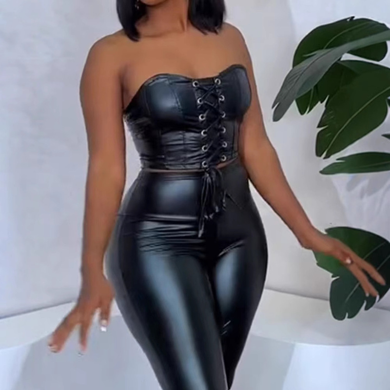 2024 Independent Station Pu Sexy Strap Tight Tube Top High Waist Tight Skinny Pants Suit