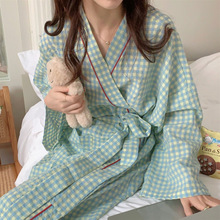 韩国chic女士秋季新款韩版睡袍女格子可爱浴袍长款和服睡衣家居服