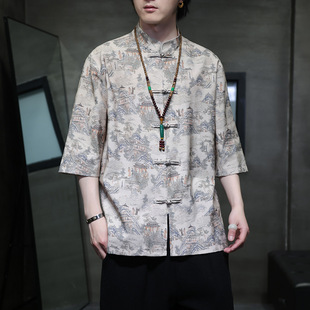 Chinese Style Shirt Men's Summer Ice Silk Cool Short-Sleeved Shirt New Chinese Style Buttoned Tang Suit Large Size Three-Quarter Sleeve Top