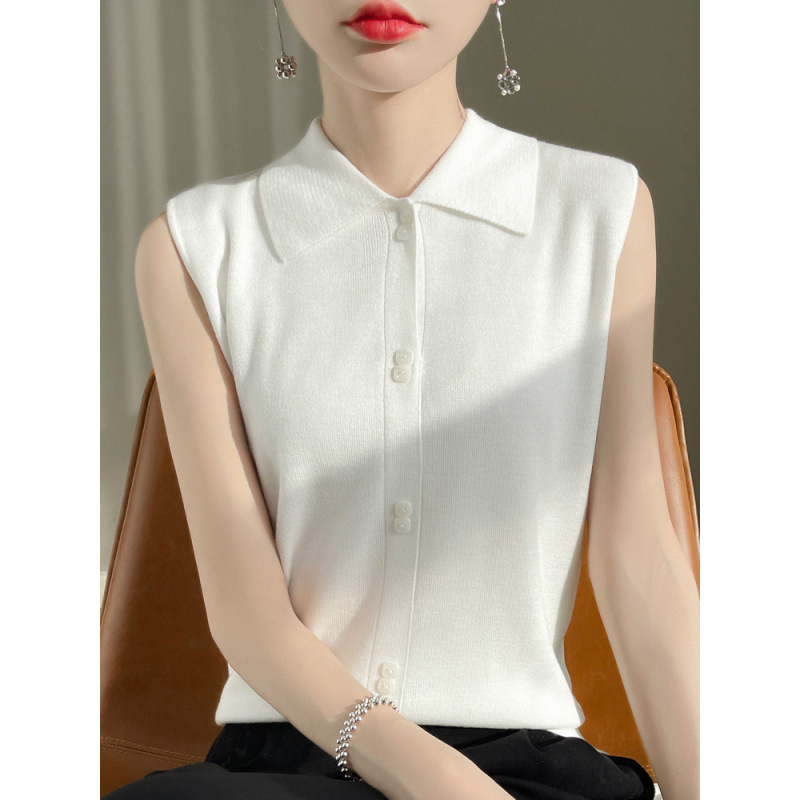 Polo Collar Sleeveless Wool Sweater Interior Elegant Base Shirt Solid Color Lapel Thin Outer Cardigan Polo Collar Sleeveless Wool Sweater Interior Elegant Base Shirt Solid Color Lapel Thin Outer Cardigan