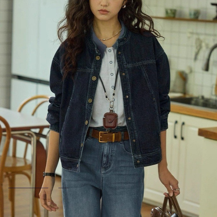 [New Product] Soligther French Retro Small Stand-Up Collar Denim Jacket for Women in Autum