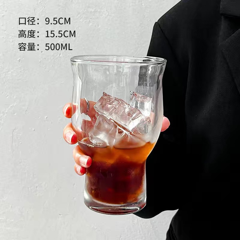 Taza de café americana de hielo de gran capacidad de soda burbuja taza de agua de nicho retrógrado amplio taza de vidrio de boca fría taza de fruta