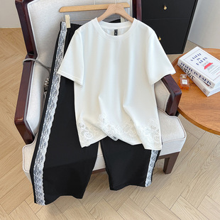 120kg Plus Size Fat mm Slim Summer High Waist Wide Leg Pants Lace Splicing Loose White T-Shirt 3517