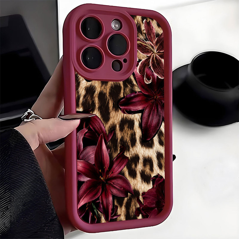 Lily Flower Leopard Print Diamond Pattern Stepped Design Wine Red Groove Suitable for iPhone 15/16/17 Phone Case Protection