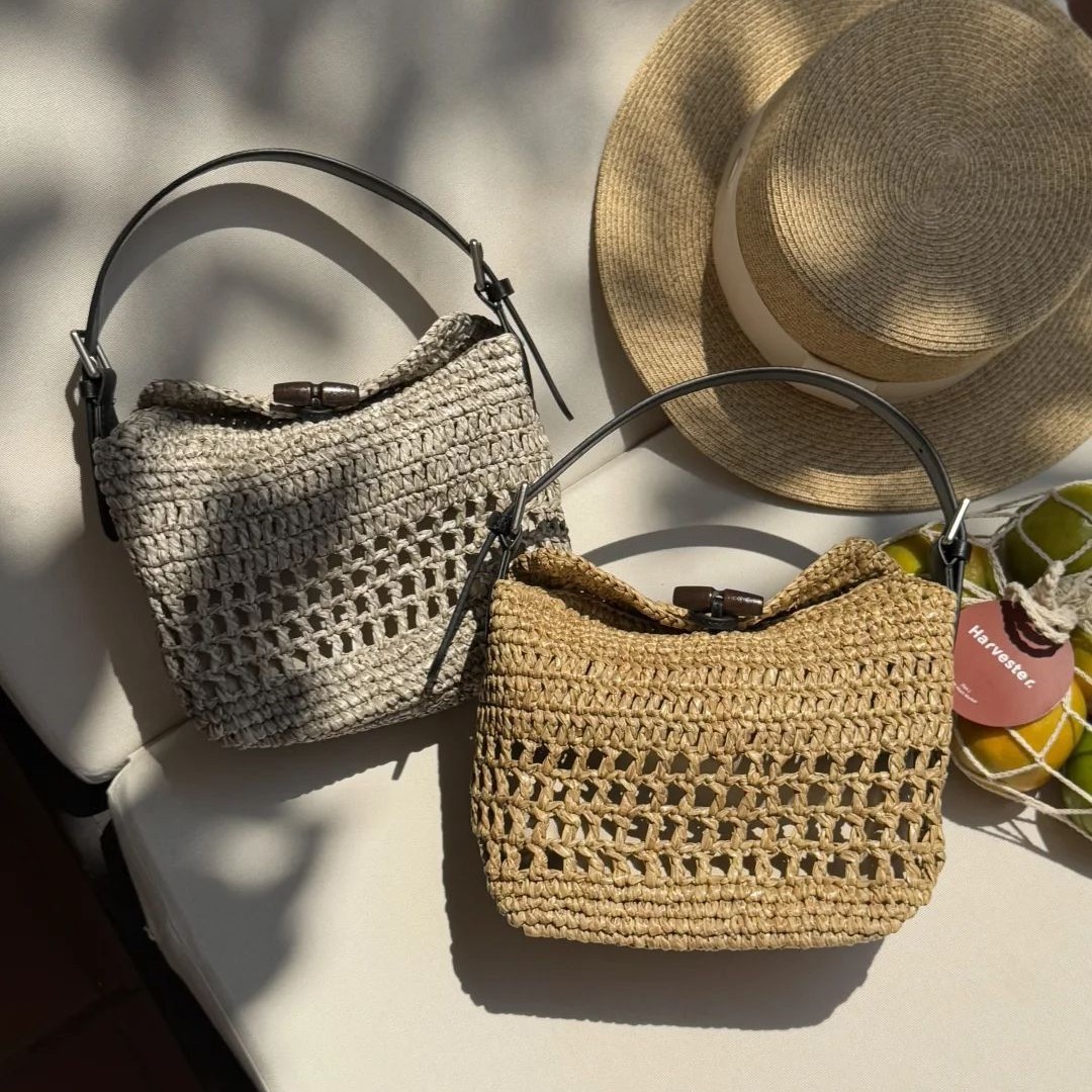 Handmade Rattan Woven Shoulder Bag With Leather Trim And Handle_voghion.com