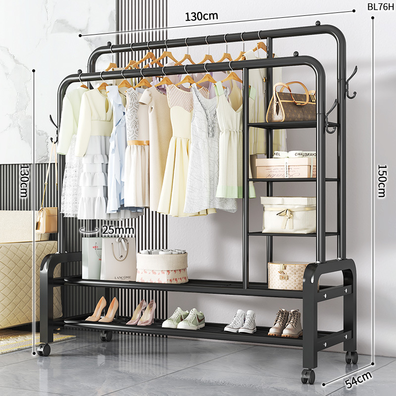 BL76H-25 라운드 코트 랙 더블 로드 더블 사이드 3 층 스토리지 네트 4 후크 130 블랙 + 휠