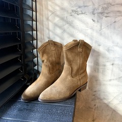 韓式復古尖頭粗跟西部牛仔靴女2023秋冬新款百搭英倫風短筒馬丁靴