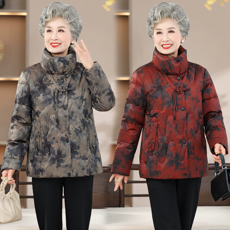 Пожилой пуховик женский стиль зима 2024 новый стиль 70-80 лет пожилая женщина белая утка бархат цветок бабушка