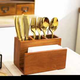 木制家用餐具纸巾收纳盒餐厅桌面刀叉收纳盒创意分格式木质餐具盒