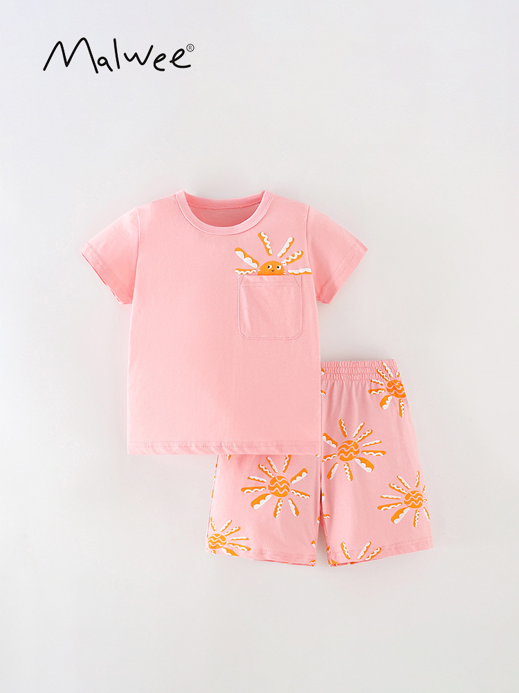Malwee niñas traje de verano nuevos niños europeos y americanos de cuello redondo casual pantalones de manga corta traje de dos piezas para niños