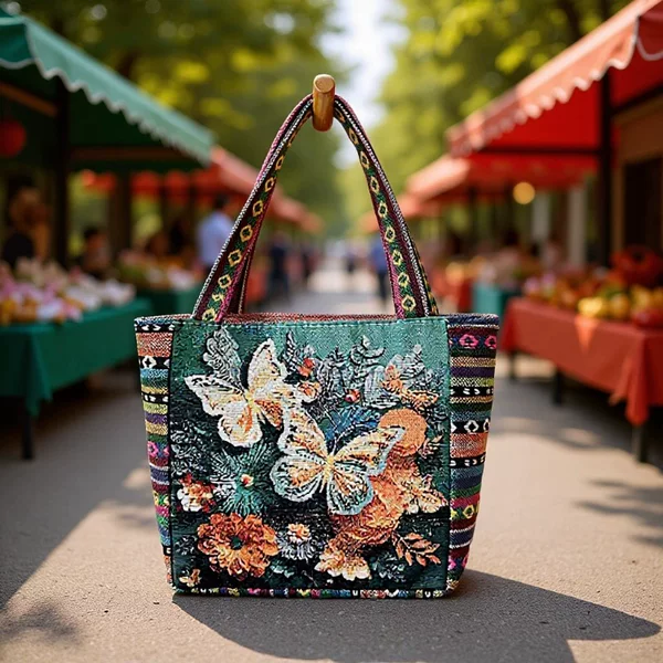 Middle-Aged Women's Handbag, Double-Sided Butterfly Embroidered Tote Bag, Mother's Handbag, Office Worker Lunch Bag