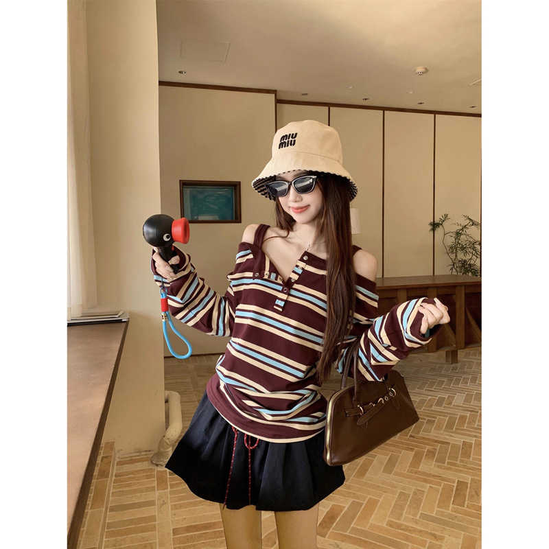 韩系撞色纯棉色织条纹拼接一字肩长袖T恤女秋季别致上衣外贸批发|undefined