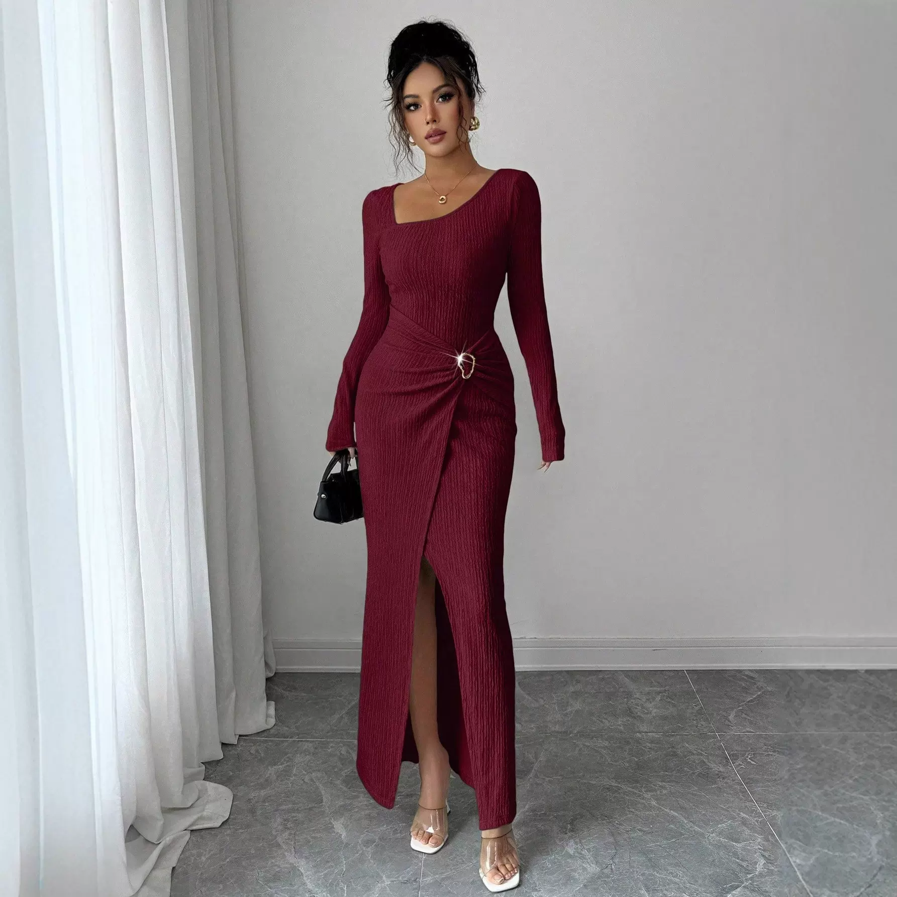 欧美跨境亚马逊2025秋冬新款不规则领口纯色针织纹理长款连衣裙女