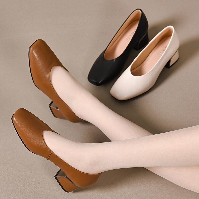 Special Offer First-Layer Cowhide Shallow Women's Shoes, Mid-Heel Single Shoes, Simple and Comfortable Thick-Heeled High-Heeled Shoes, Electroplated Heel Design Shoes