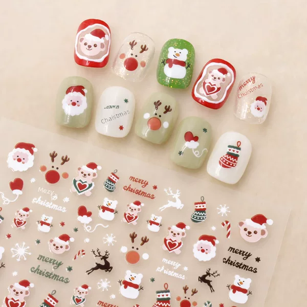 Aha Nail Art Adhesive Stickers New Style Santa Claus Cartoon Little Reindeer Bear Snowflake Colorful Nail Decoration Stickers