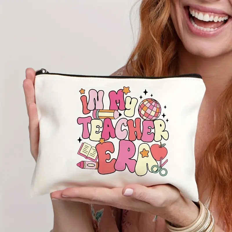 Bolsa de cosméticos Temu rosa con letras de lino, estampada por ambos lados, bolsa de almacenamiento multifuncional con cremallera para mujer, moderna y práctica.