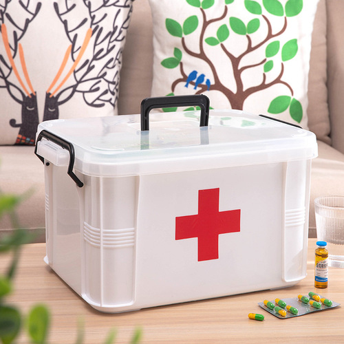 Portable Home Medical Supply Box with Double Layers and Divided Compartments, Medicine Organizing Box with Lid, Simple Medicine Box