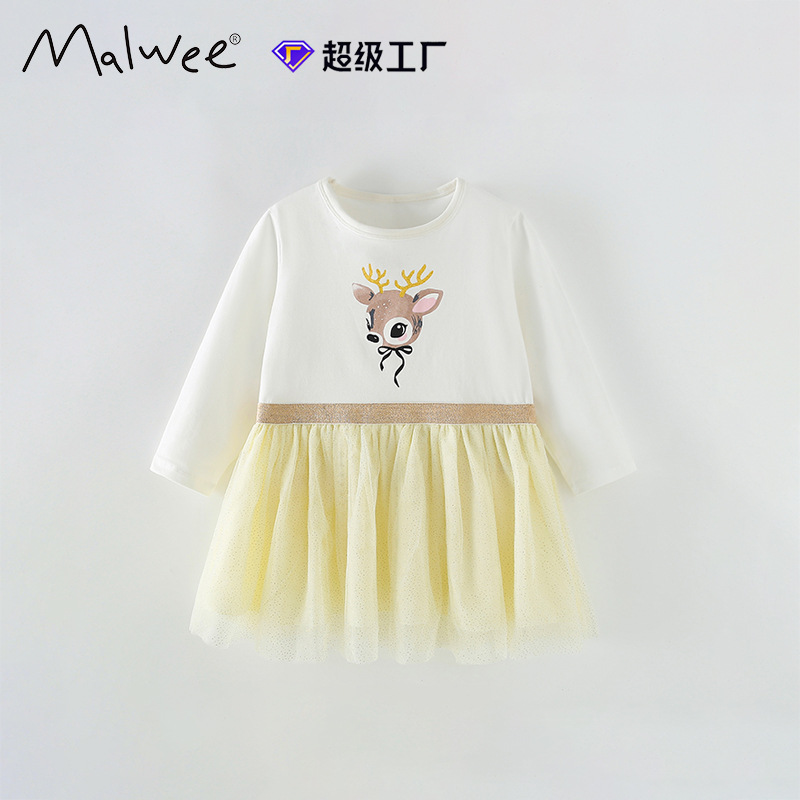 Malwee transfronterizo vestido de princesa de niña otoño y invierno nuevo estilo europeo y americano de niños de cuello redondo de manga larga lindos vestidos de impresión