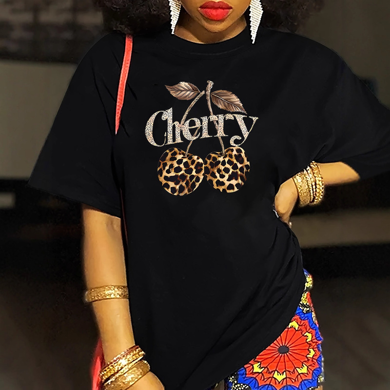 Ebay Aliexpress Women's Leopard Print Cherry Pattern and Glitter Letter Print Short-Sleeved Loose Summer T-Shirt
