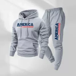 跨境欧美男女款春秋冬季加绒卫衣套装运动休闲连帽衫时尚印花套装