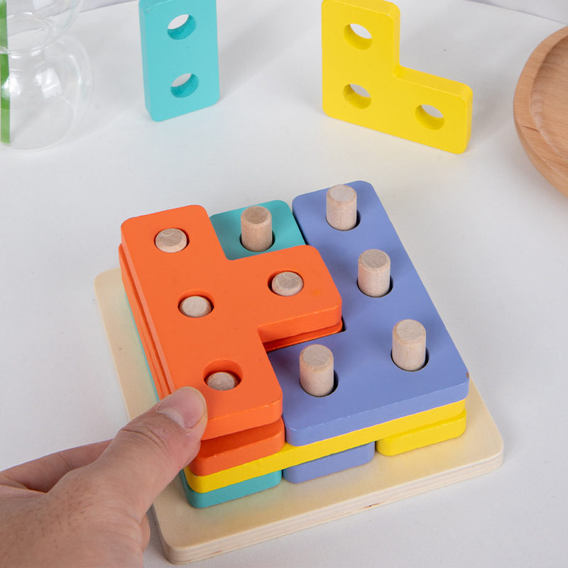 Conjunto de rompecabezas de inteligencia de anillo de forma tres en uno de madera para niños conjunto de columna a juego juguetes educativos de educación temprana