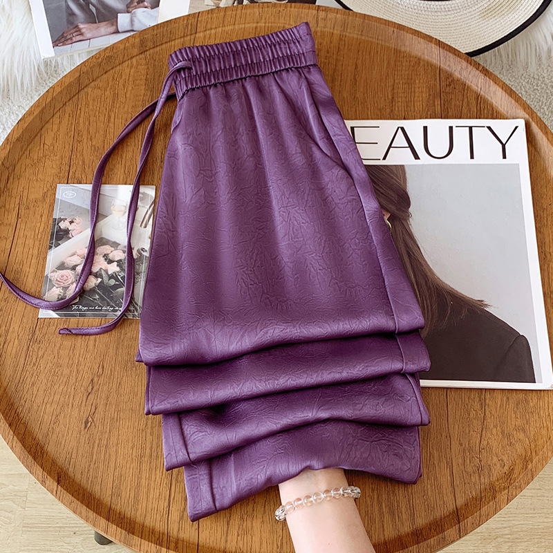 Purple New Satin Jacquard Pants for Women, Summer Thin Straight Wide-Leg Slimming New Chinese Style Casual Pants Purple New Satin Jacquard Pants for Women, Summer Thin Straight Wide-Leg Slimming New Chinese Style Casual Pants