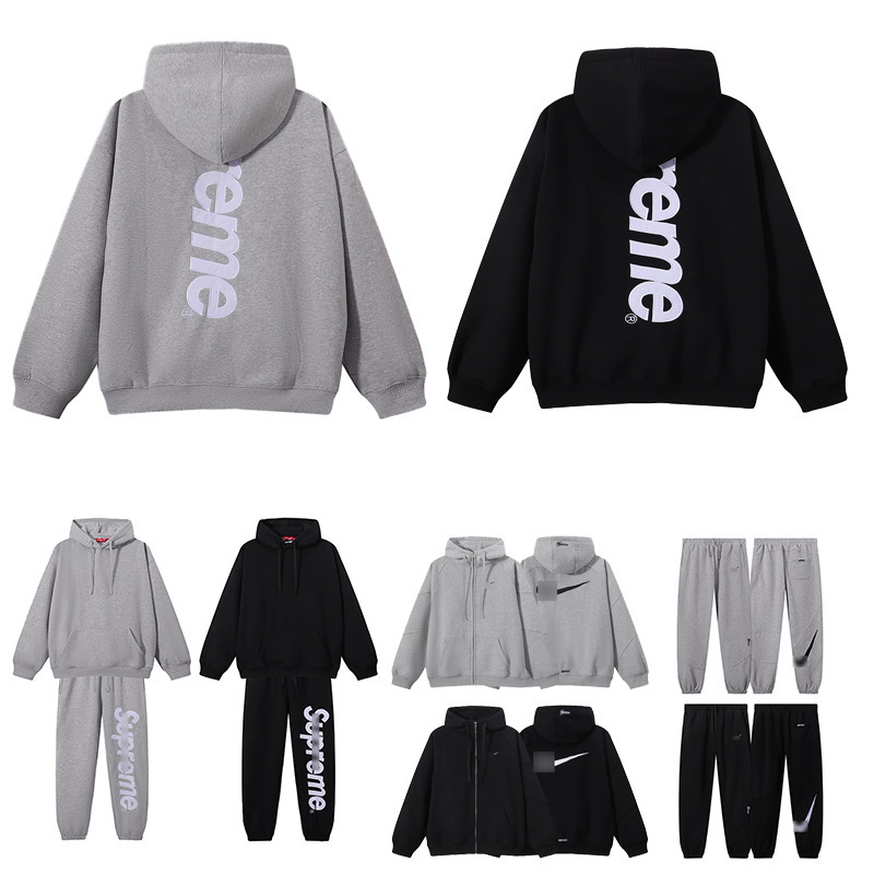 25Ss Cross-Border Sup Collaboration New Fleece-Lined Casual Hooded Sweatshirt with Large Logo Patch Embroidery Zip-Up Jacket