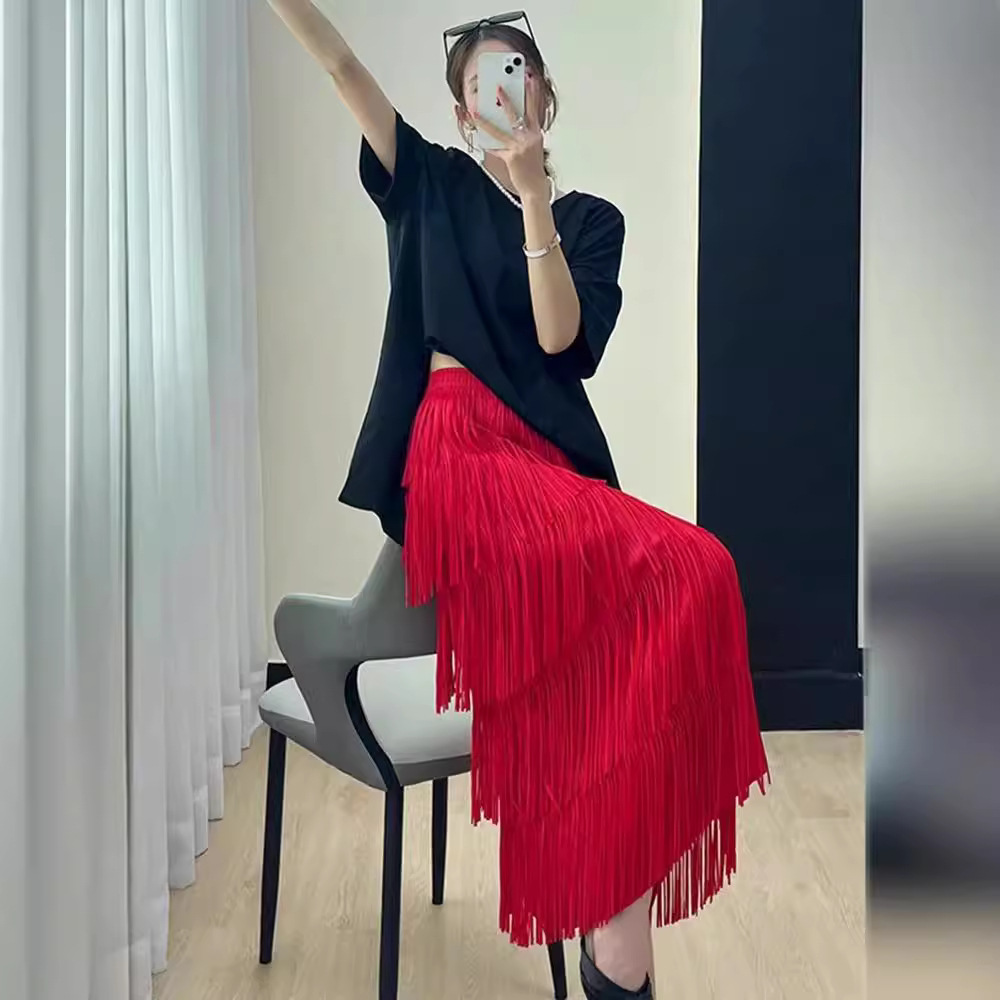 Heavy-duty Five-layer Tassel Cake Skirt All-match Slim-fit Elastomeric Waist Design Sense Straight Half-length Skirt Mid-length Long Skirt