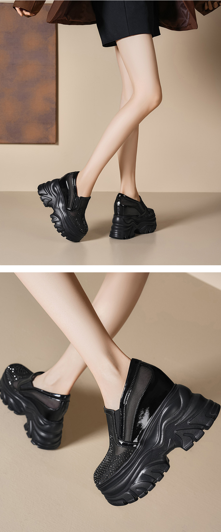 Giày sneaker platform nữ đế dày 12cm, lưới thoáng khí, phong cách loafer lỗ xỏ — Màu đen chi tiết 3