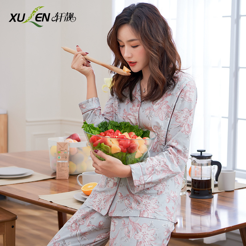 Pijamas de las mujeres primavera y otoño primavera manga larga 100% algodón Delgado homewear más tamaño suelto traje de mamá de mediana edad