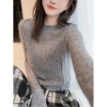 软糯慵懒风灰色仿马海毛毛衣女2025春秋新款小个子减龄短款针织衫