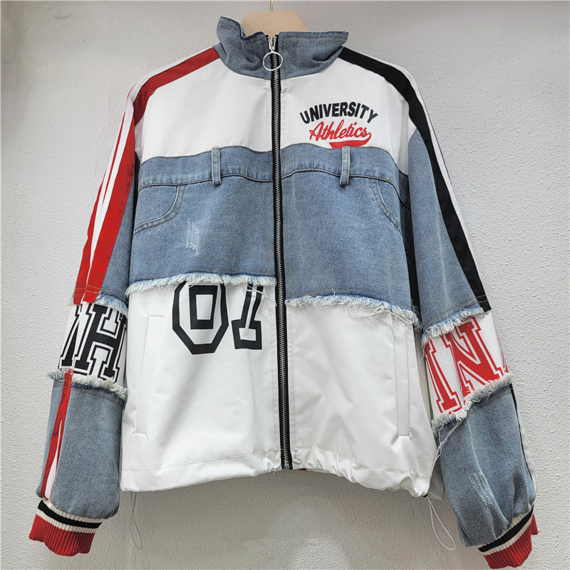 Chaqueta de Mezclilla Holgada con Empalme de Letras de Poliéster