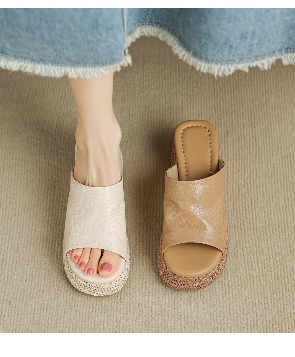 Dép sandal nữ quai ngang đế xuồng bệt gót thấp mũi hở chất liệu da cừu — màu trắng ngà, màu mơ chi tiết 15