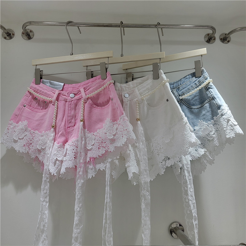 Pantalones Cortos de Mezclilla con Bordado y Encaje Incluye Cinturón para Mujer