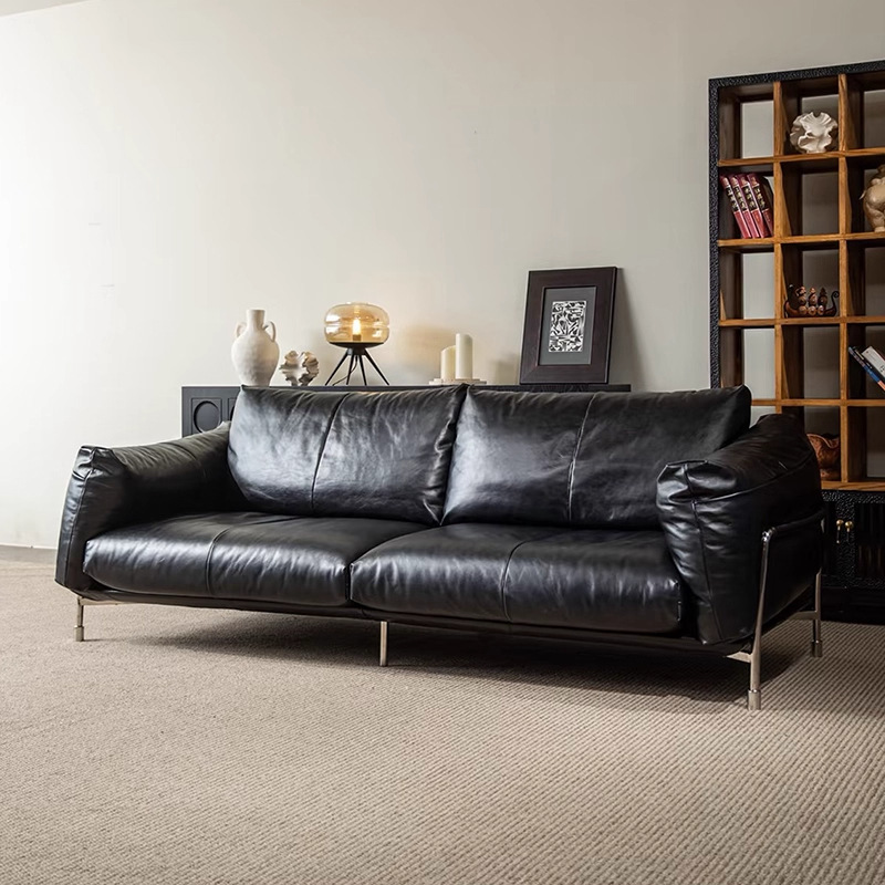 Bauhaus Oil-Waxed Leather Sofa, Vintage Style, Small Apartment Living Room, Home Use, Straight-Row Harmer Small Apartment Solid Wood Sofa