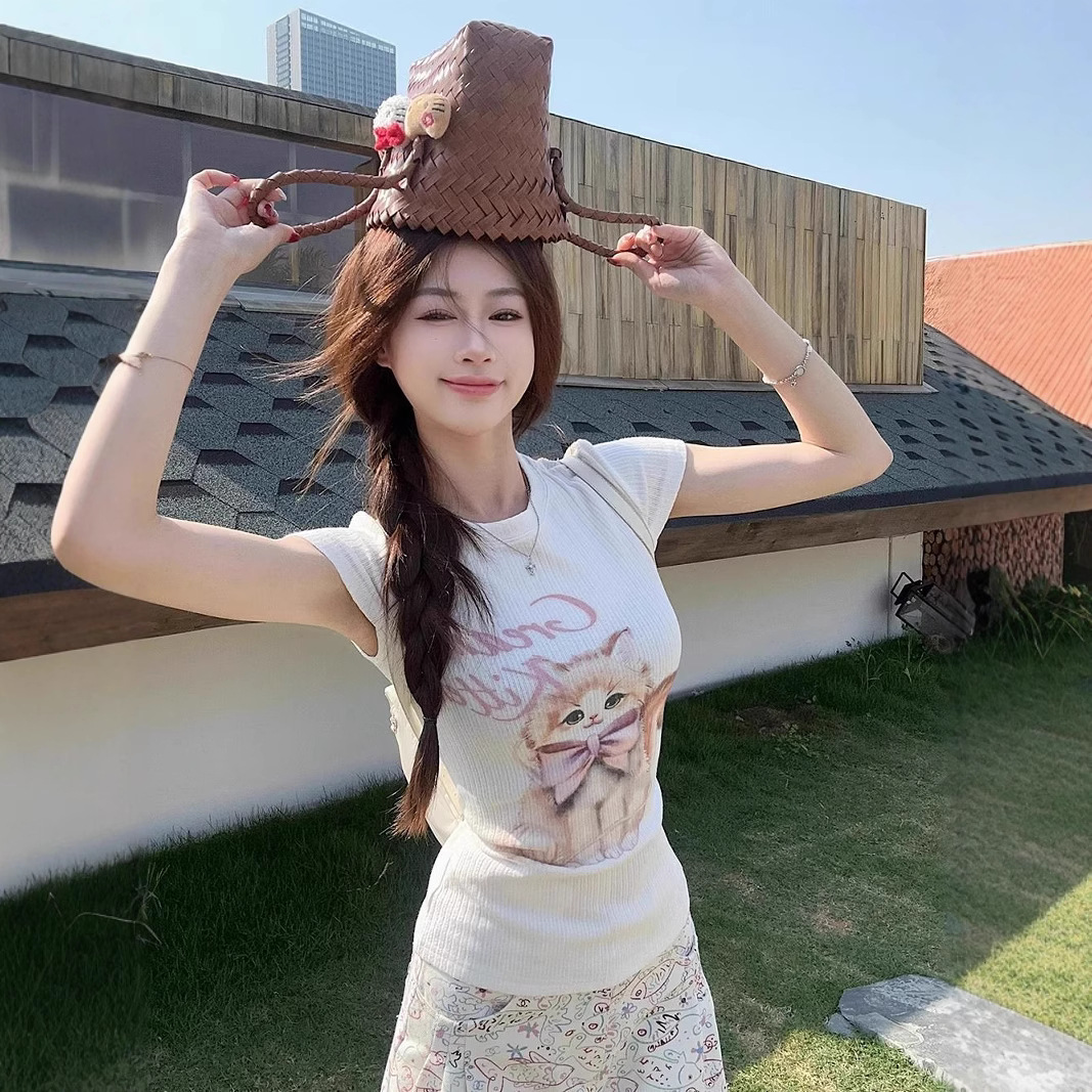 原版坑条面料 美式甜辣妹猫咪正肩短袖t恤女夏季修身显瘦收腰上衣